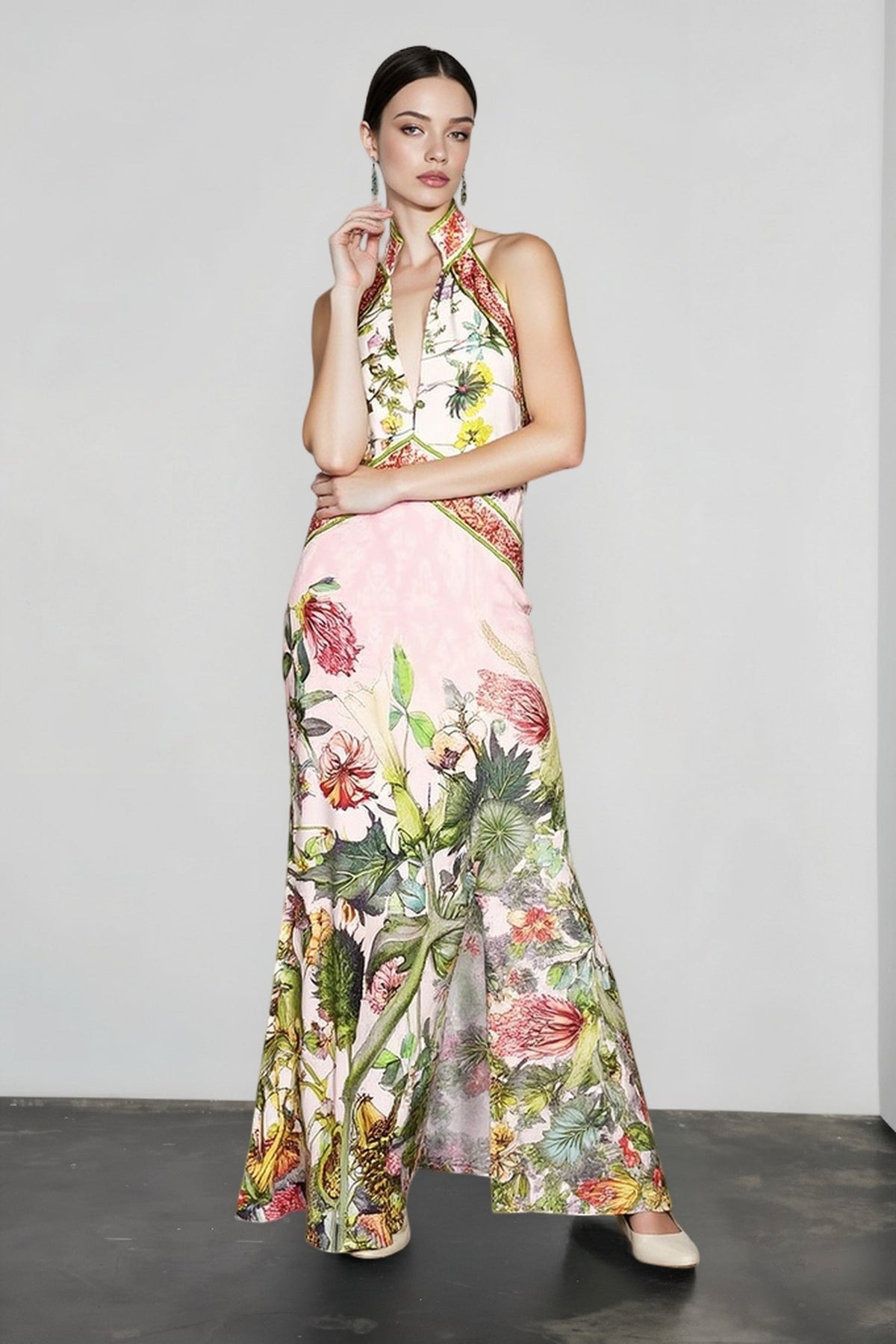 Floral Print Halter Neck Plunge Maxi Gown