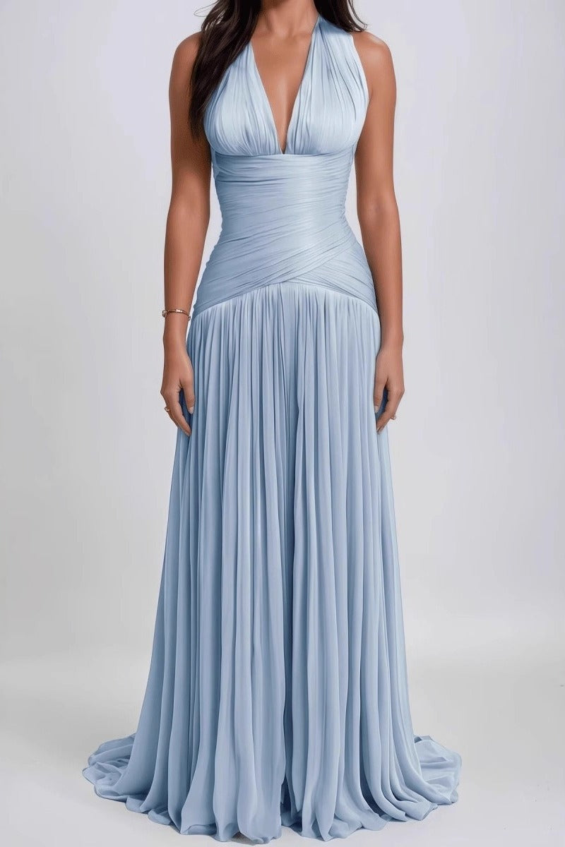 Halter Deep V-Neck Ruched A-Line Maxi Gown