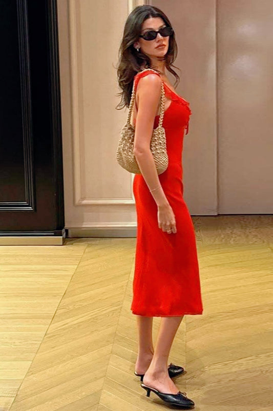 V-Neck Sleeveless Bias-Cut Satin Slip Midi Dress