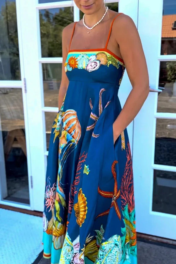 Linen Blend Unique Print Suspenders Back Pleated Pocket Resort Style Maxi Dress - Fashionpara