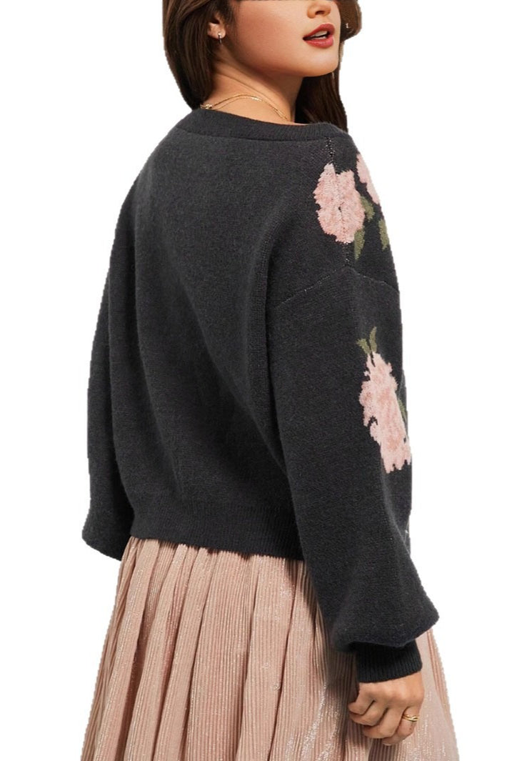 Off Shoulder Floral Knit Sweater