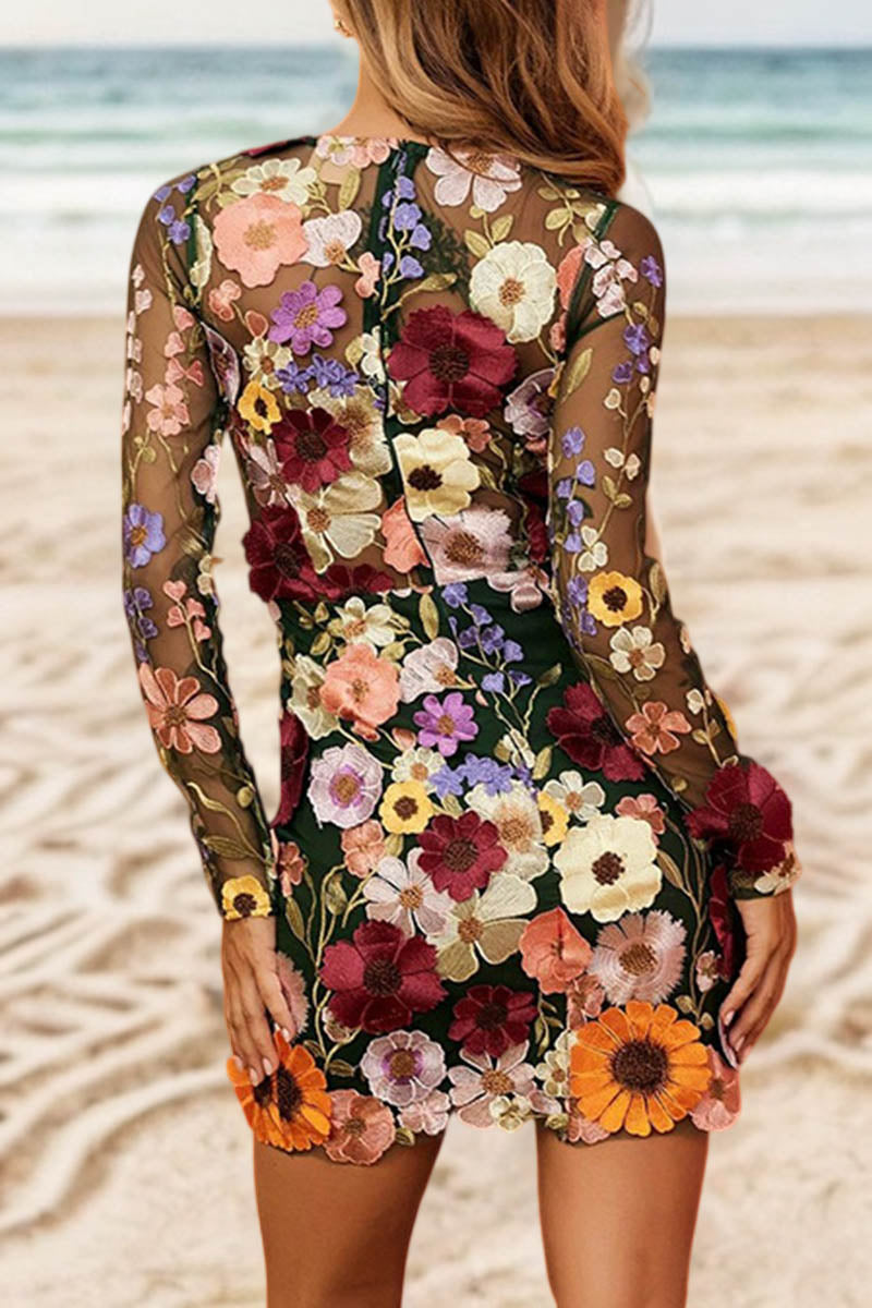 3D Lace Flower Embroidered Long-sleeved Fitted Suspender Dress - Fashionpara