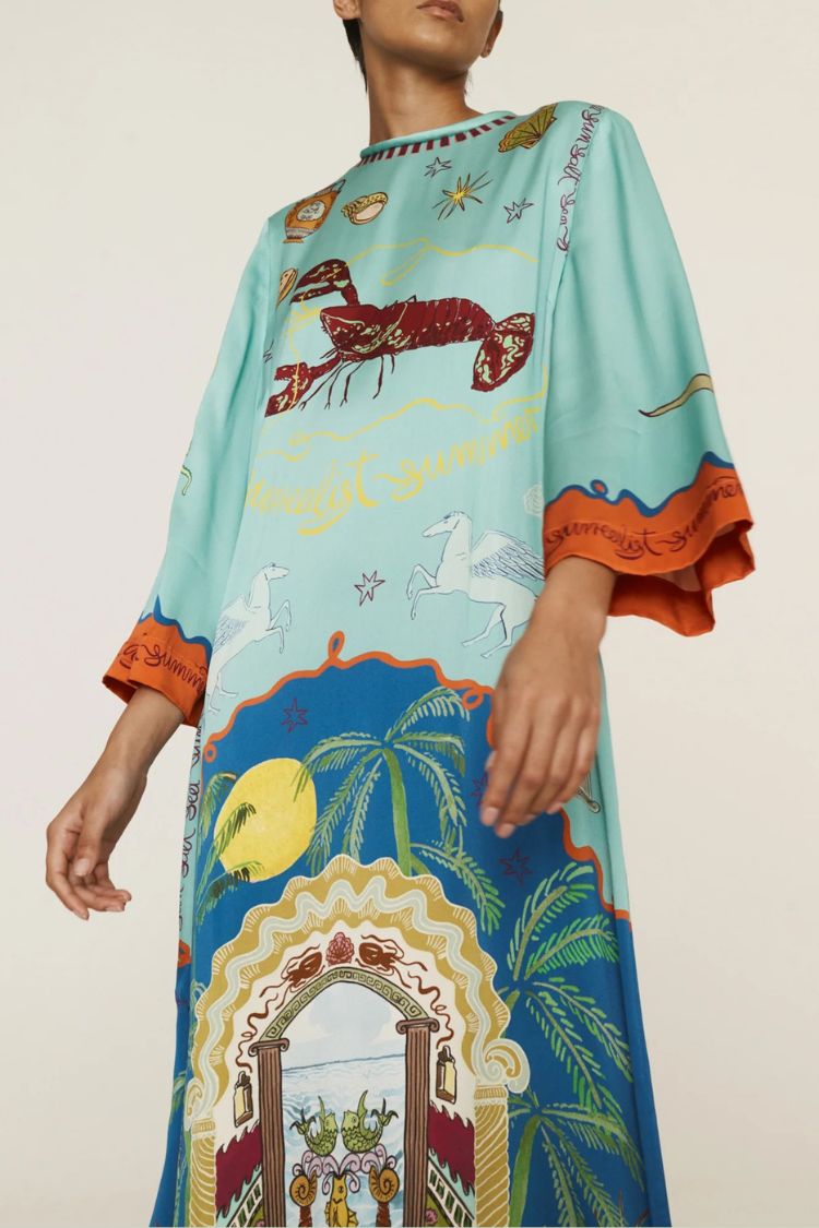 Satin Unique Print Long-sleeve Tie-waist Slit Maxi Dress - Fashionpara