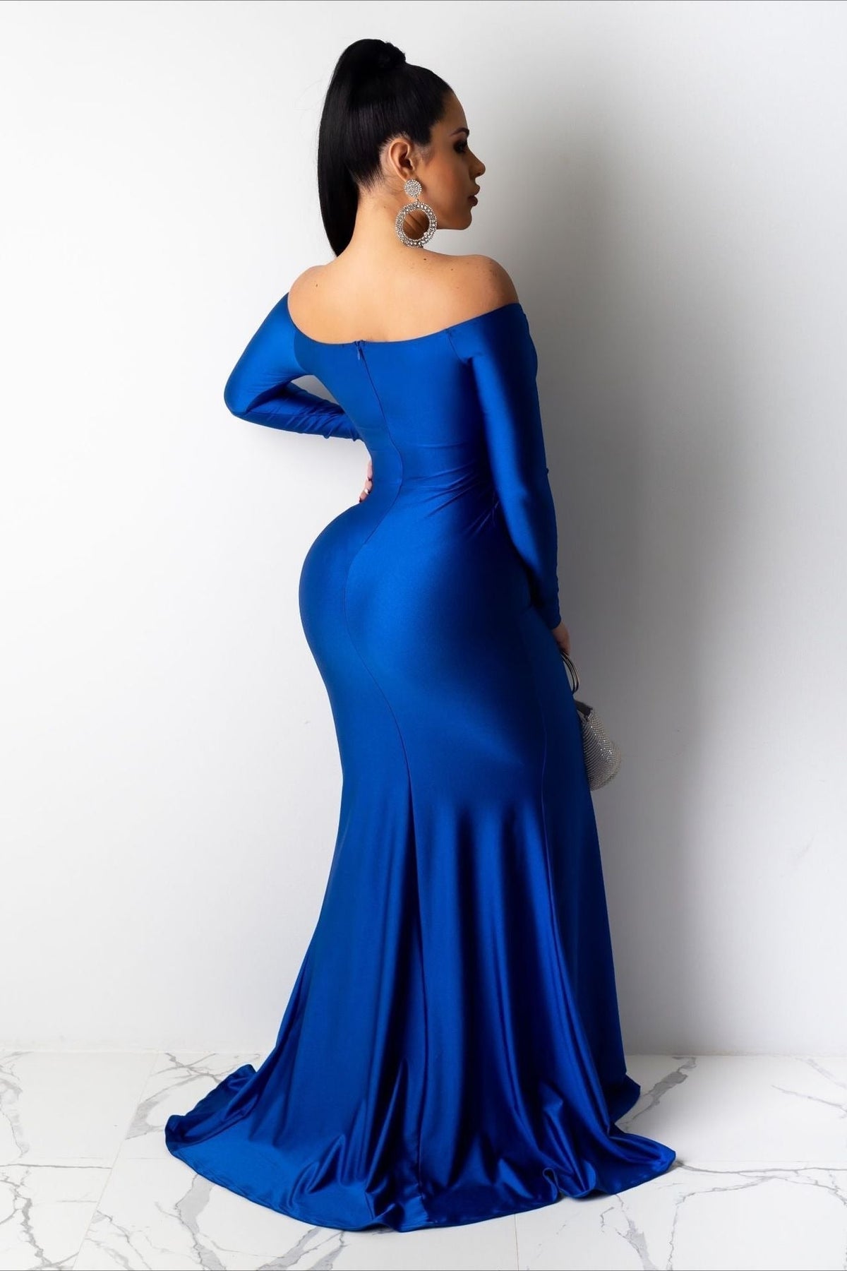 Satin Off Shoulder Long Sleeve High Split Mermaid Maxi Gown - View 3