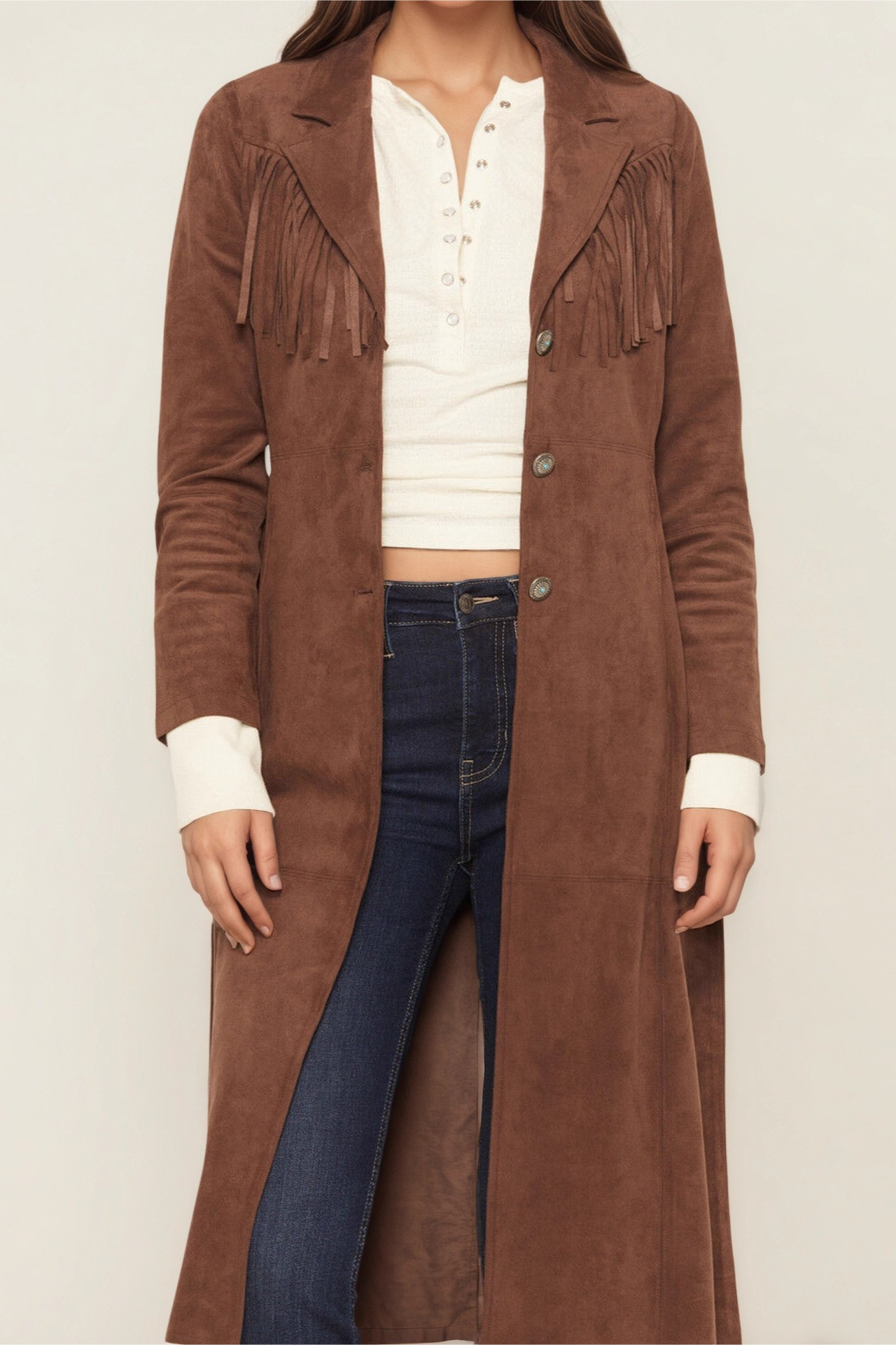 Faux Fur Notch Lapel Long Fringe Long Sleeve Overcoat - Fashionpara