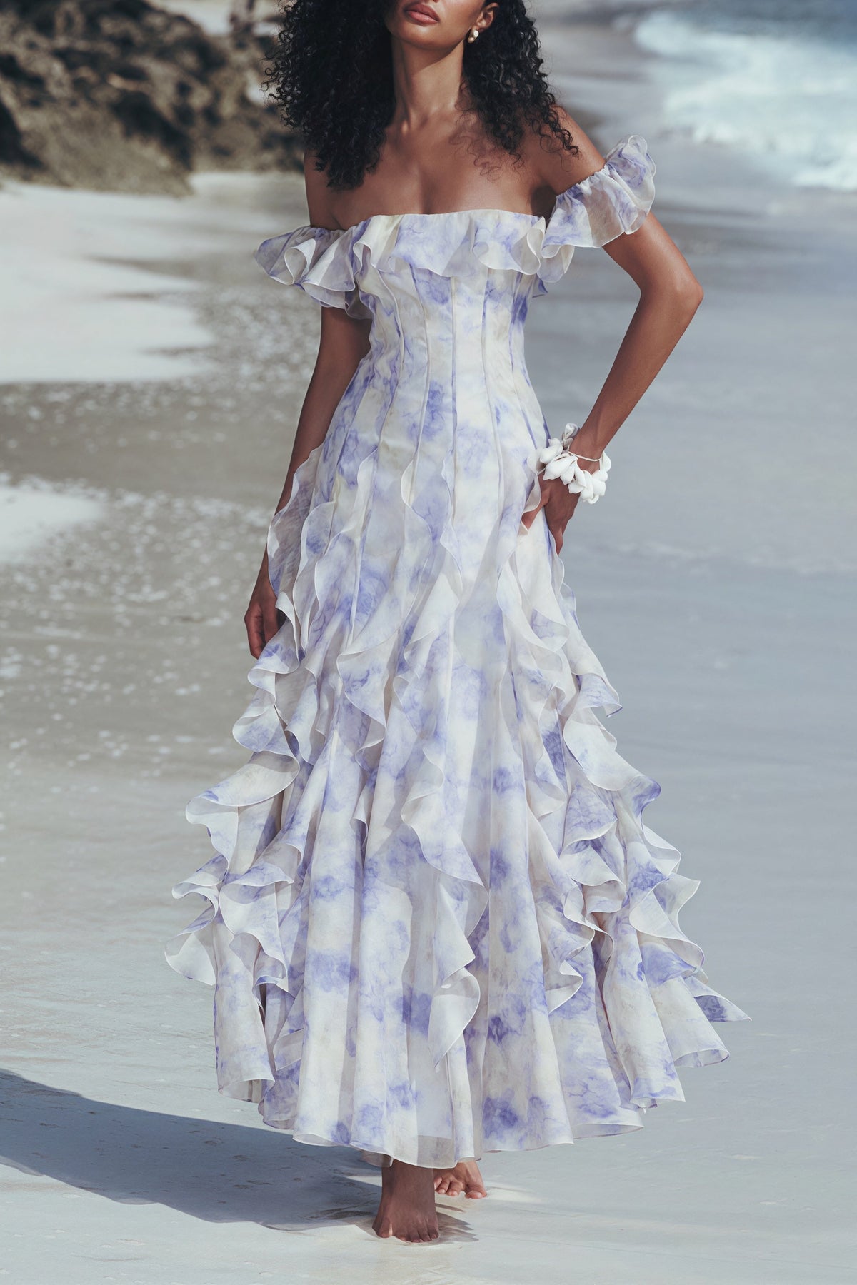 Watercolour Print Off Shoulder Ruffle Maxi Gown 2