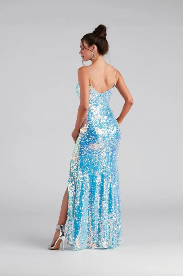 Beaded Split Spaghetti Strap Bridesmaid Evening Sequin Dress