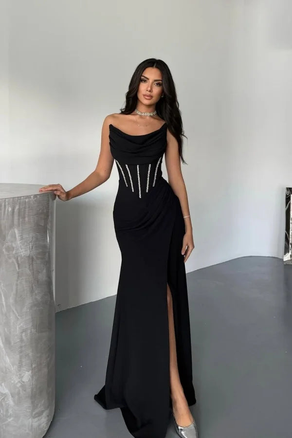 Elegant Long Beaded Royal Blue Split Strapless Evening Dress ZT0438