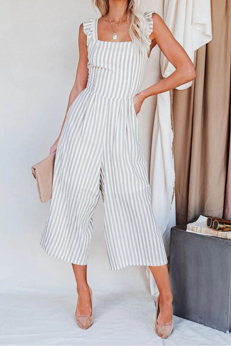 Flip Side Pocketed Striped Ruffle Jumpsuit - Fashionpara