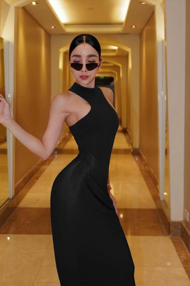Sleeveless Halter Draped Satin Bodycon Maxi Gown