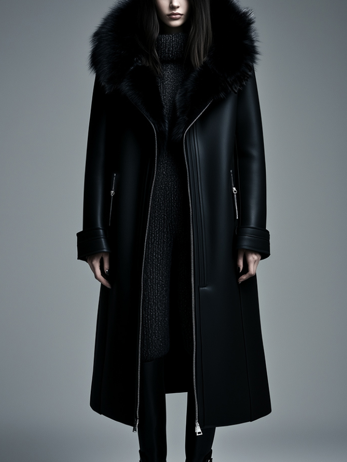 Women Fur Trim Warm Lined Hooded Faux Leather Trench Coat - Fashionpara