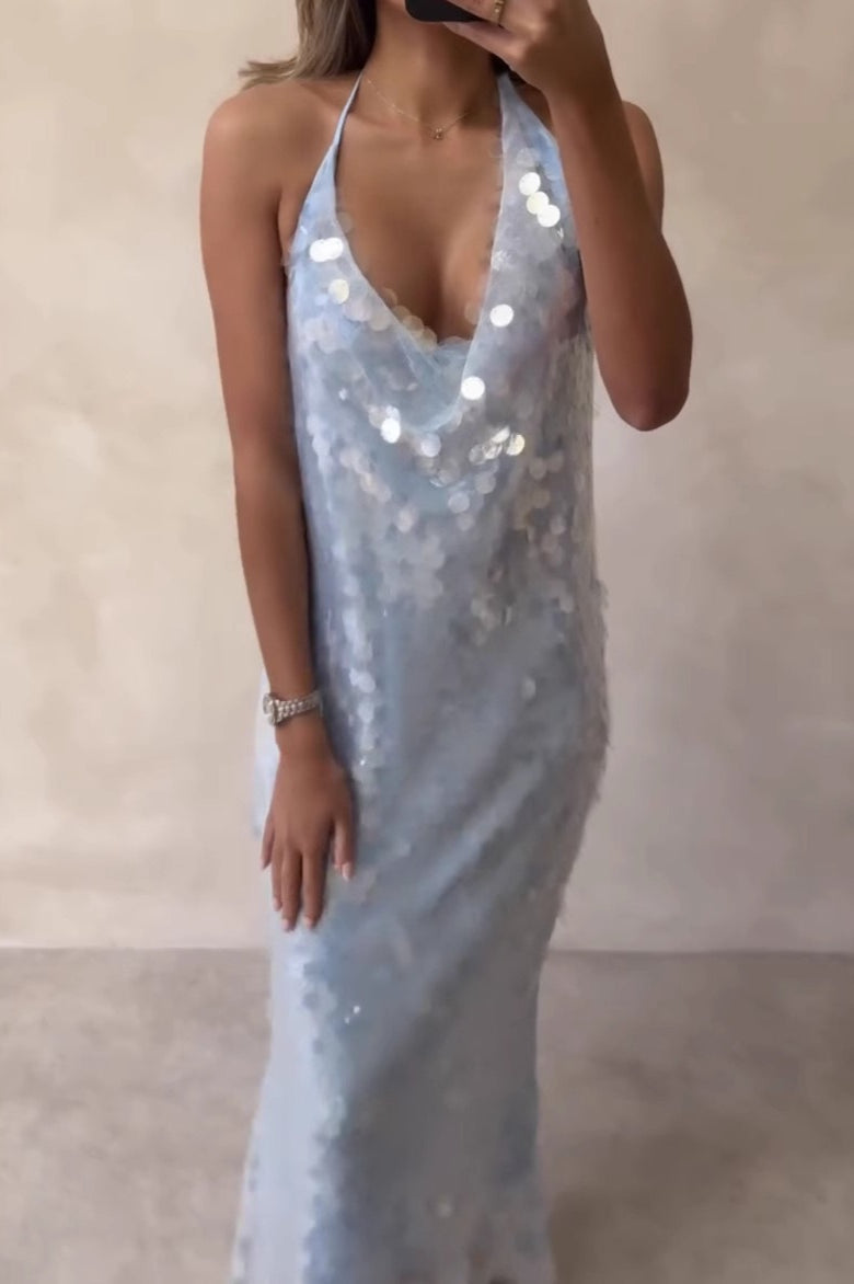 Sequin Halter Cowl Neck Backless Mermaid Gown - View 2
