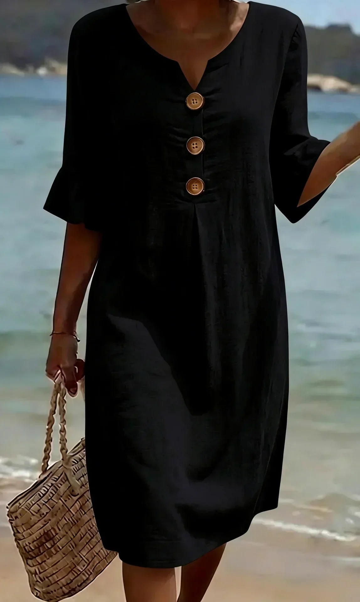 V-Neck Button Placket Flutter Sleeve Linen Look Midi Dress 6