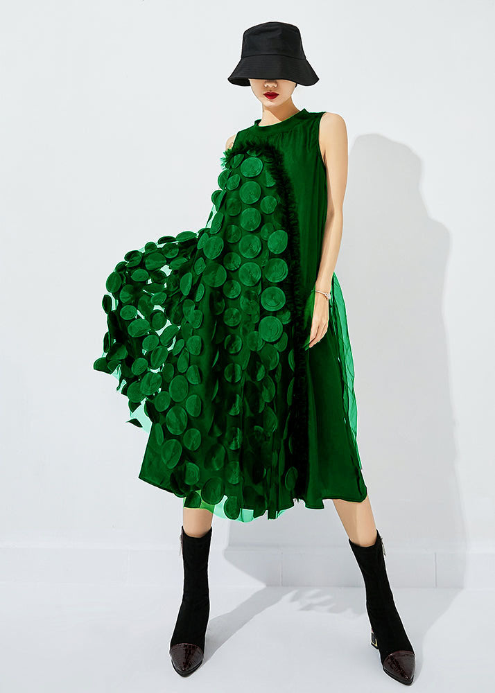 3D Circle Appliqué Asymmetric Drape High Neck Mesh Midi Dress - View 3