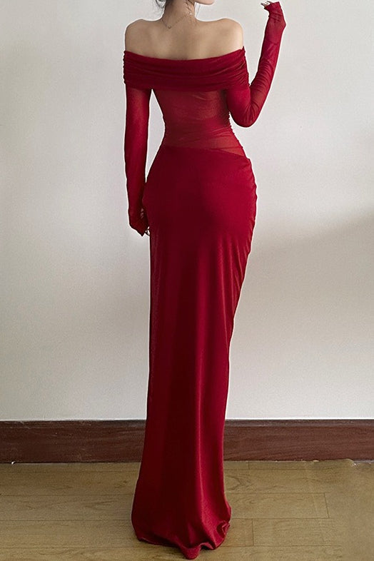 Off Shoulder Long Sleeve Sheer Mesh Ruched Bodycon Maxi Dress - View 15