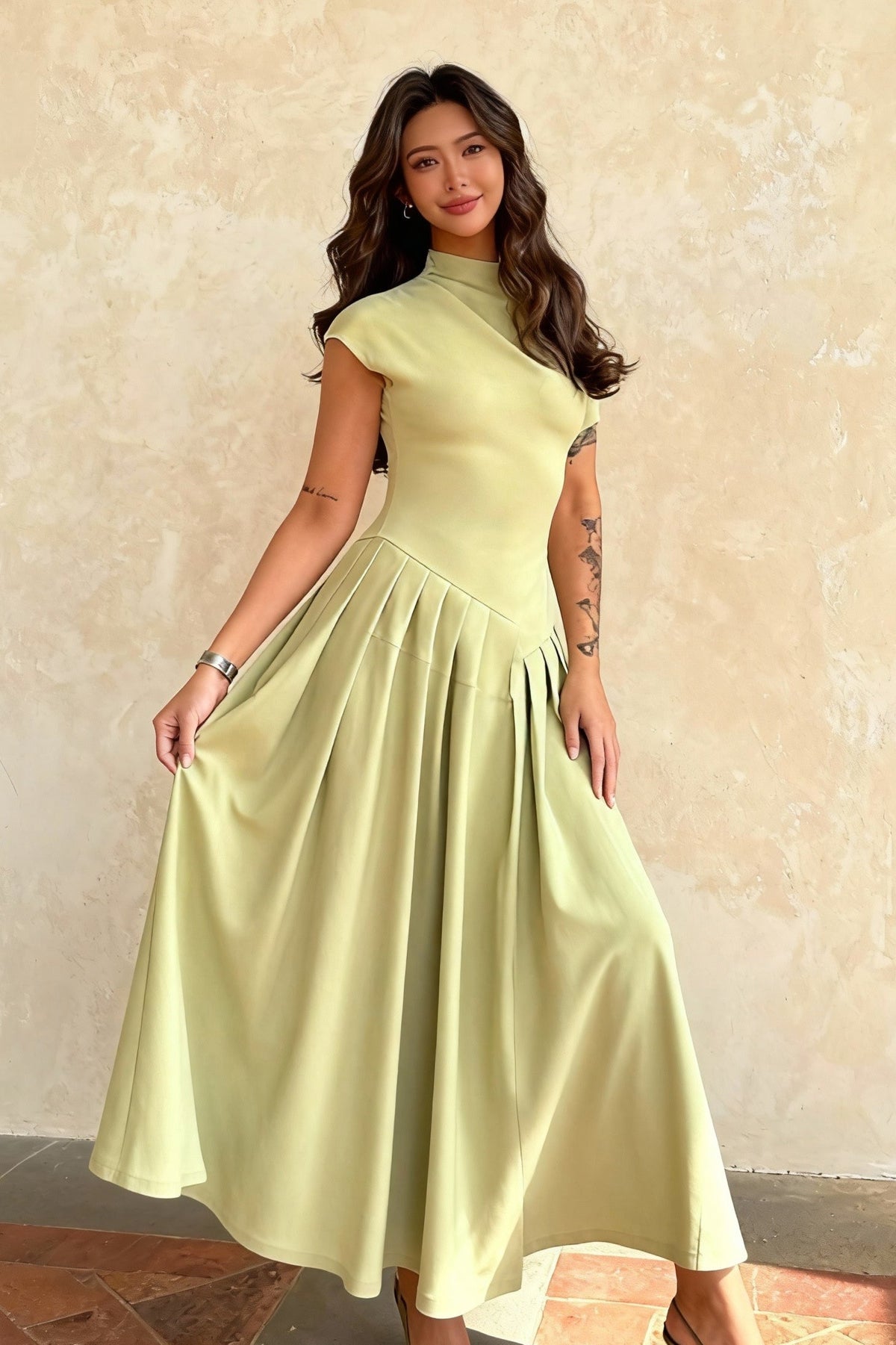 Asymmetric Neckline Ruched Waist Pleated Midi Dress