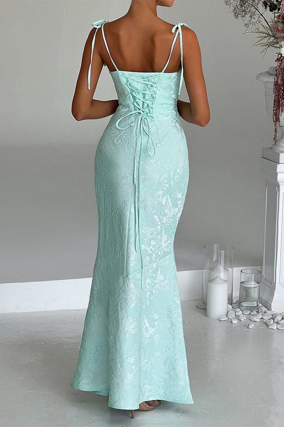 Jacquard Square Neck Tie Strap Fishtail Maxi Gown 3