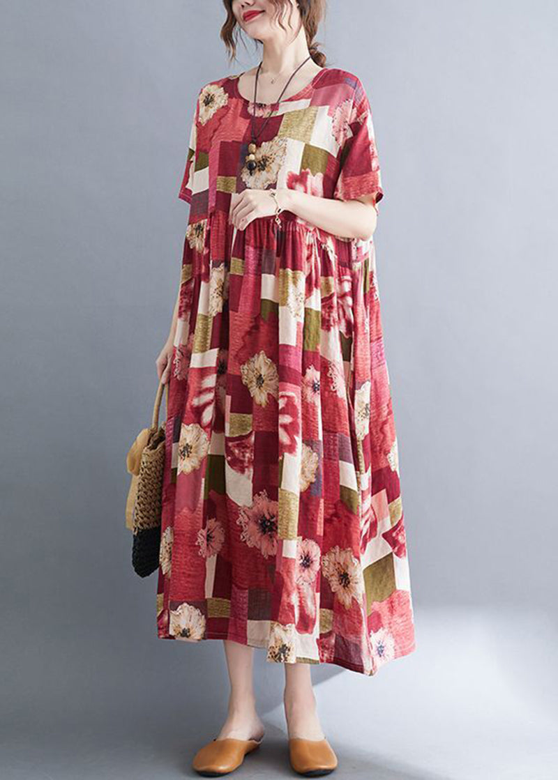 Patchwork Floral Print Round Neck Short Sleeve Empire Waist Midi Dress - View 2