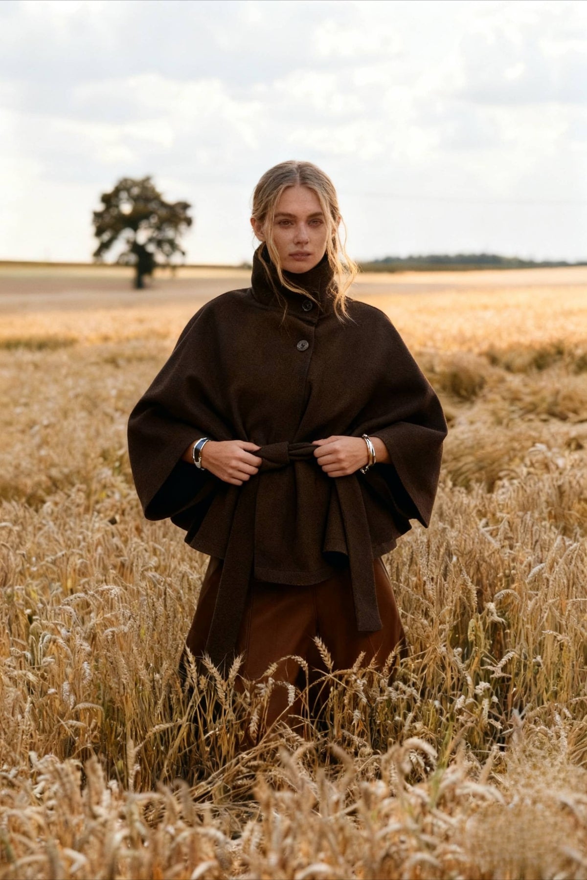 Button Up Stand Collar Cape Coat