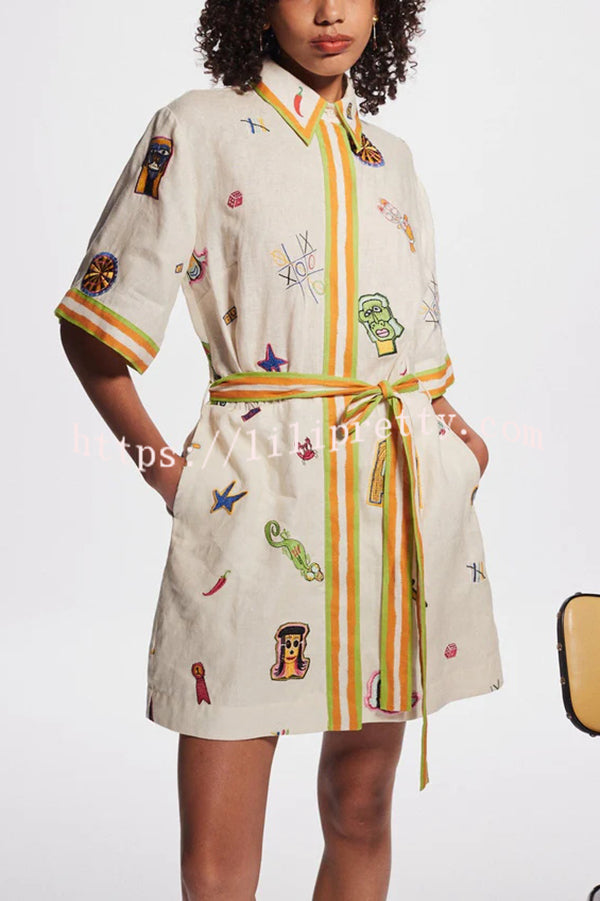 Britt Linen Blend Unique Printed Short Sleeved Pocket Tie Waist Mini Dress - Fashionpara