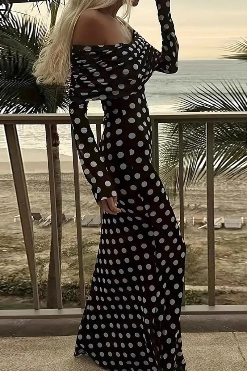 Polka Dot Off Shoulder Long Sleeve Bodycon Maxi Dress 3