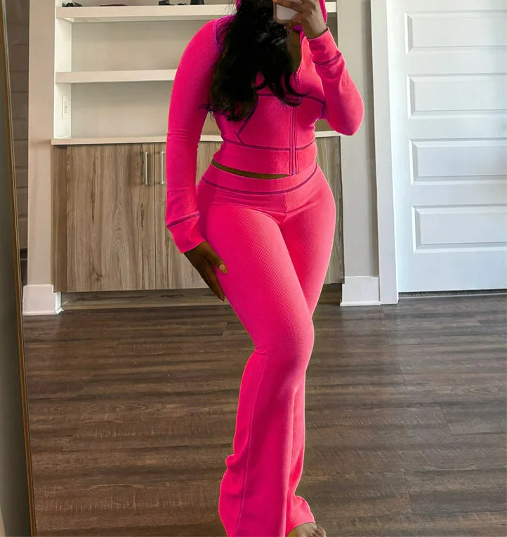 Zipper Hoodie Flare Pants Knit Set - Fashionpara