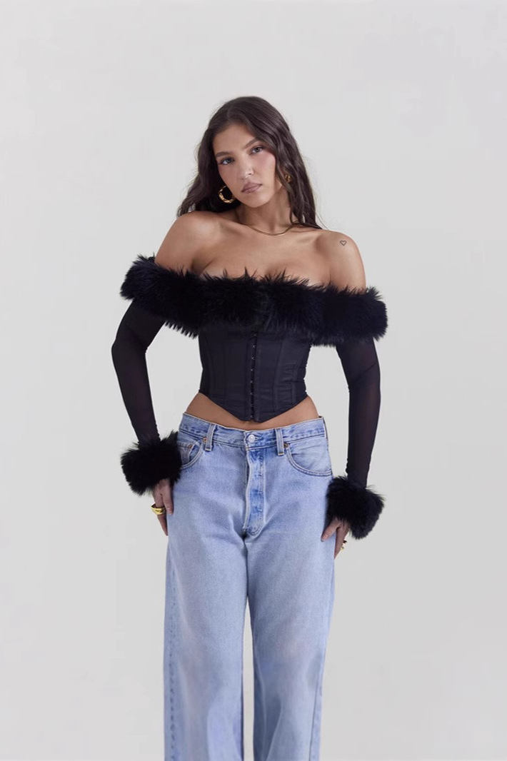 Fuzzy Off Shoulder Mesh Long Sleeve Asymmetrical Crop Top