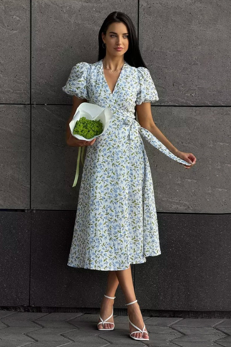 Floral V-Neck Puff Sleeve Wrap A-Line Midi Dress