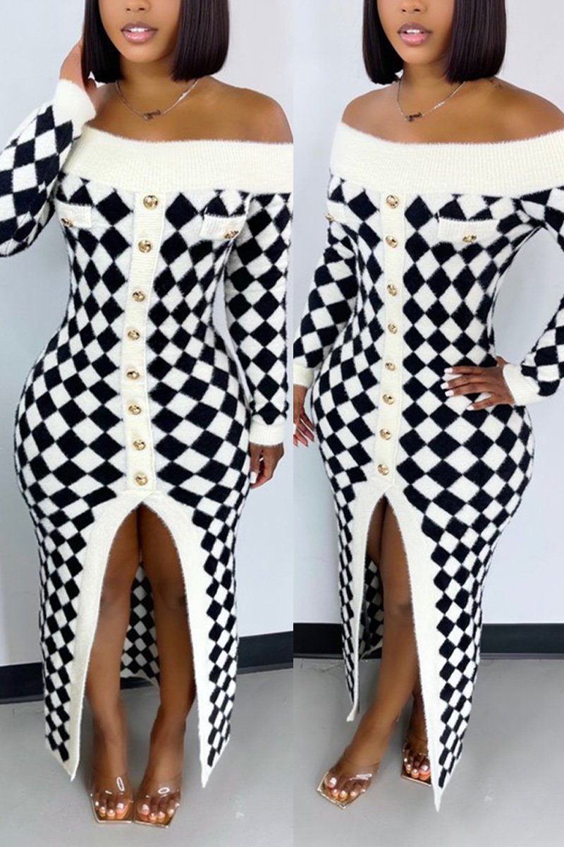 Plus Size Sexy Off Shoulder Split Joint Plaid Sweater Midi Dress Fashionpara