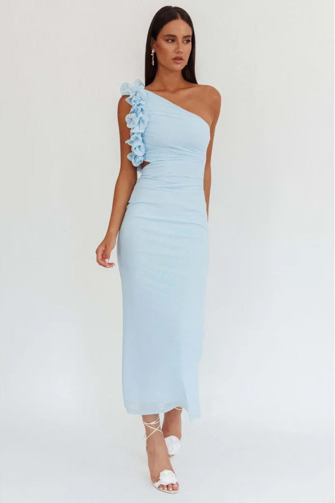 One Shoulder Floral Trim Ruched Bodycon Midi Dress