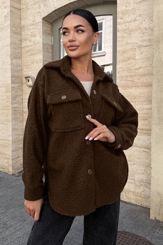 Fleece Stand Collar Coat - Fashionpara