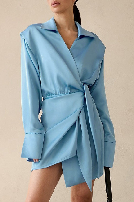 Collared Long Sleeve Wrap Tie Satin Mini Shirt Dress