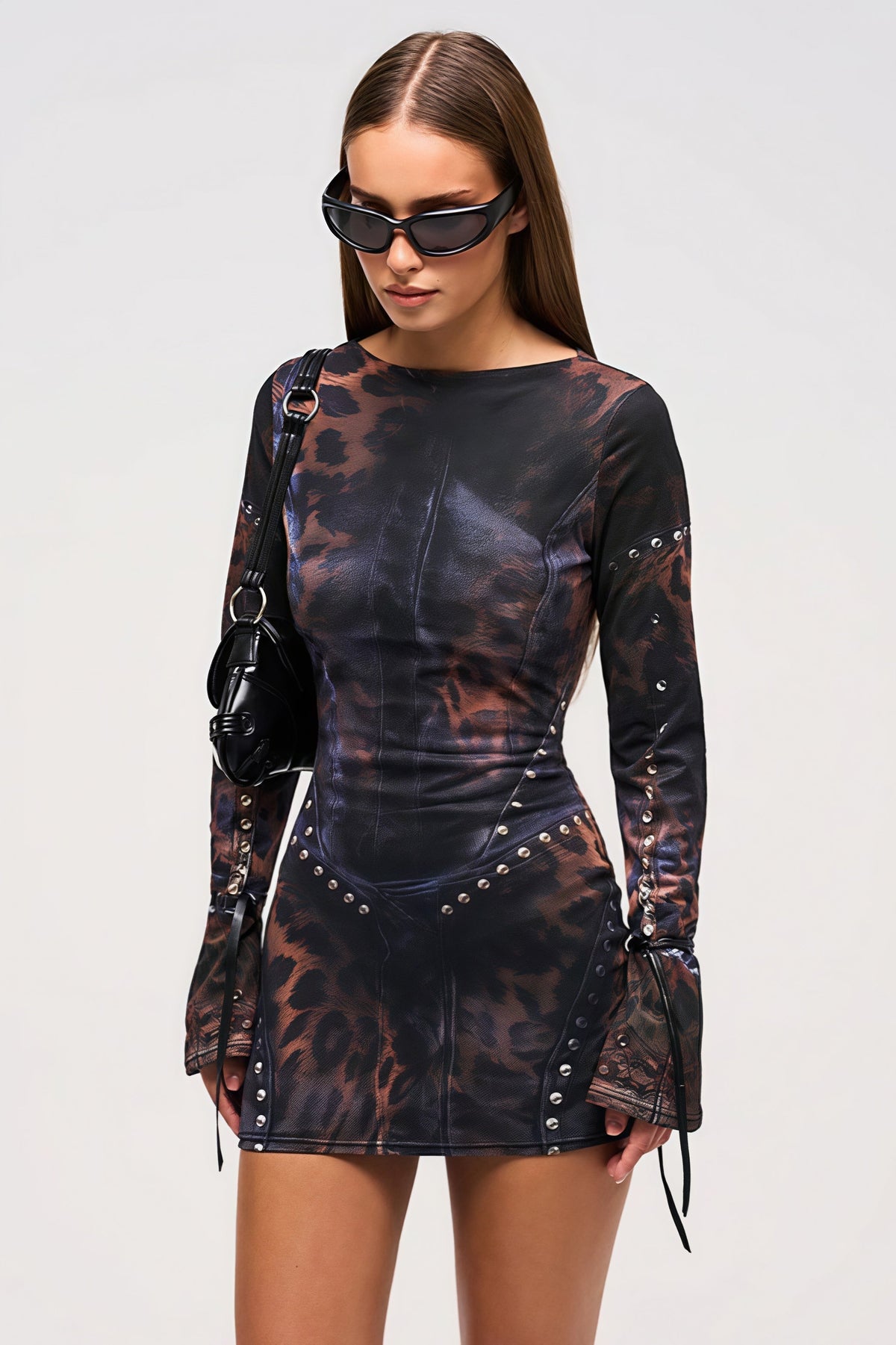 Leopard Studded Lace Up Sleeve Bodycon Mini Dress