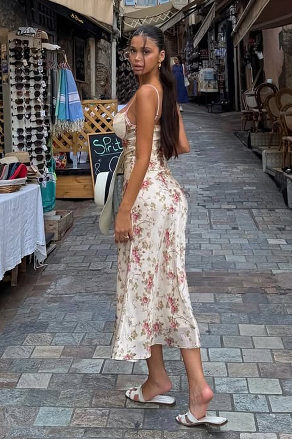 V Neck Lace Satin Spliced Strap Floral Dress