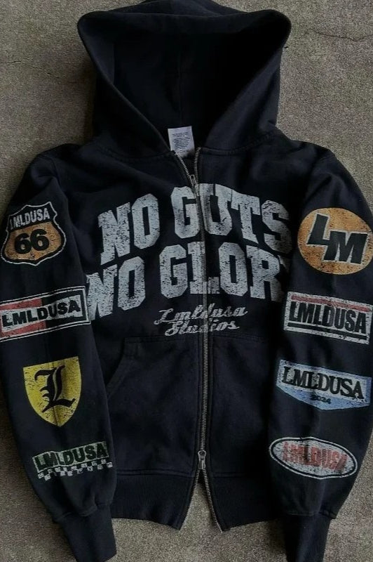 Vintage Print Zip Up Hoodie - Fashionpara