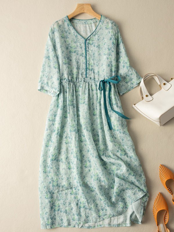 Botanical Floral Print V-Neck Piping Trim A-Line Midi Dress