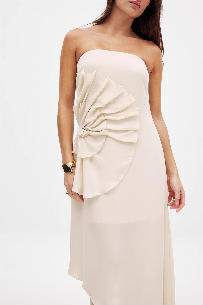 Strapless Ruched Asymmetric Bodycon Formal Midi Dress