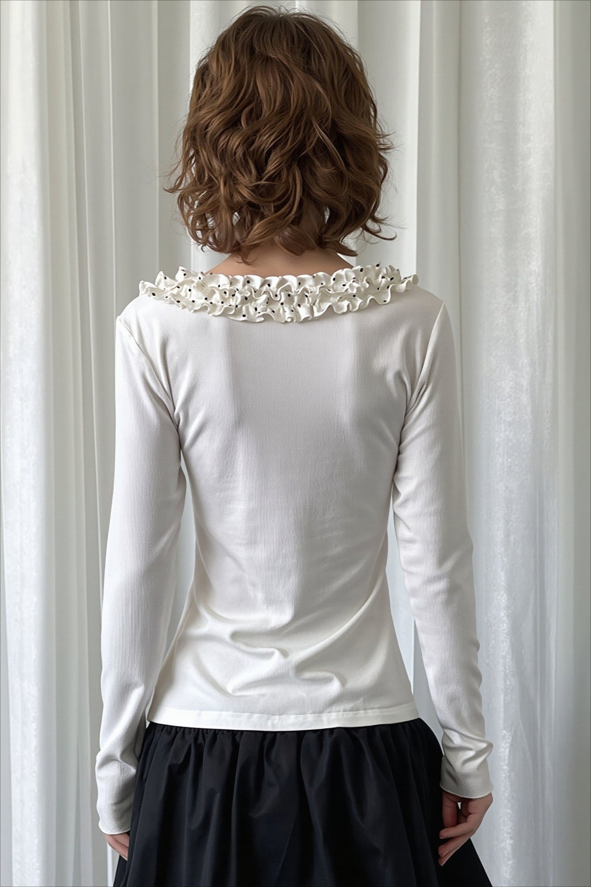 Ruffled V Neck Slim Long Sleeve T-shirts