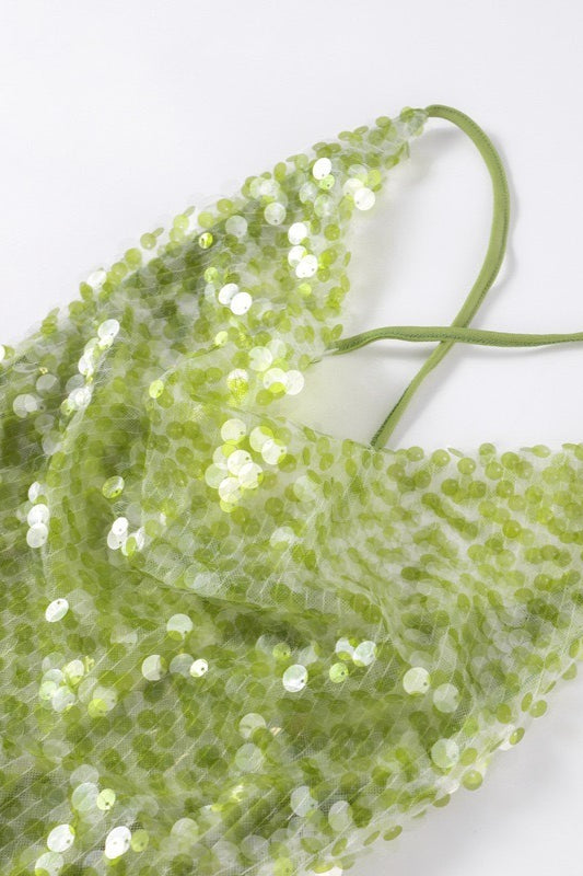 Sequin Cowl Neck Spaghetti Strap Slip Maxi Dress