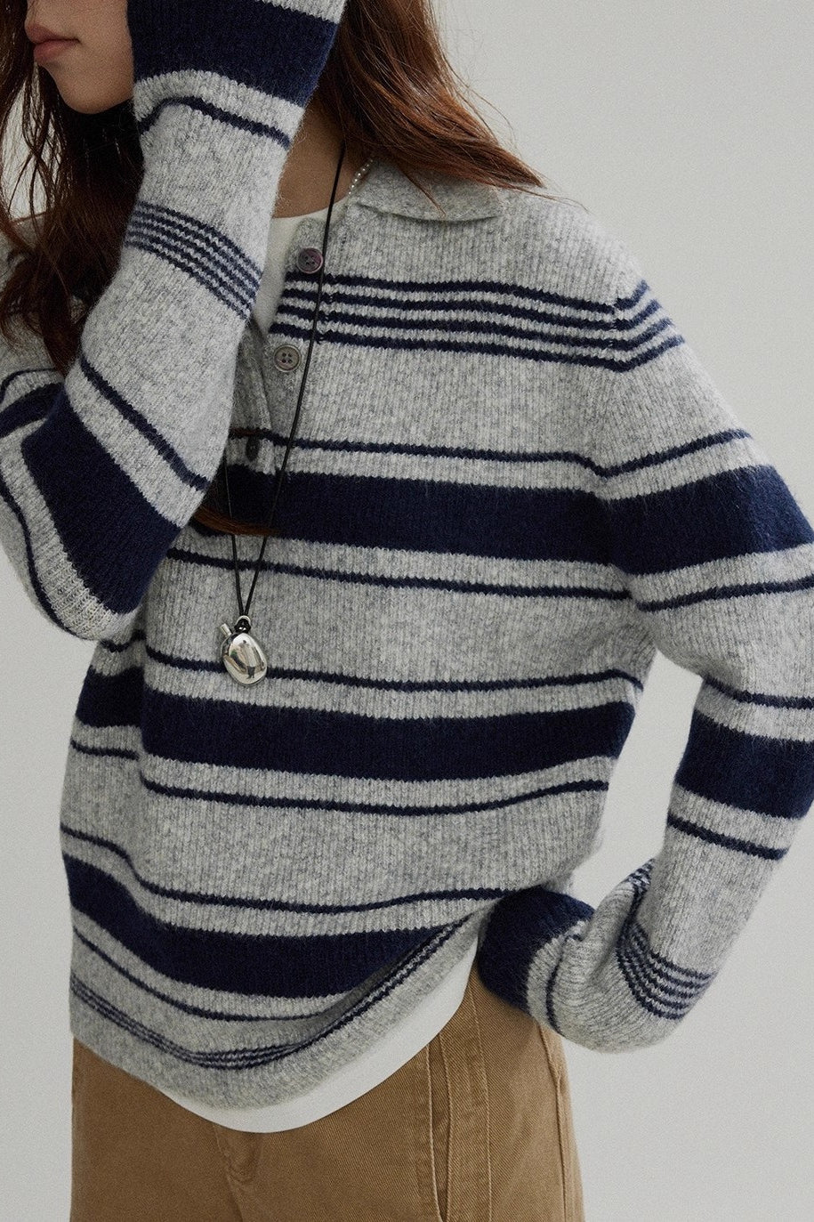 Stripe Polo Collar Knit Top