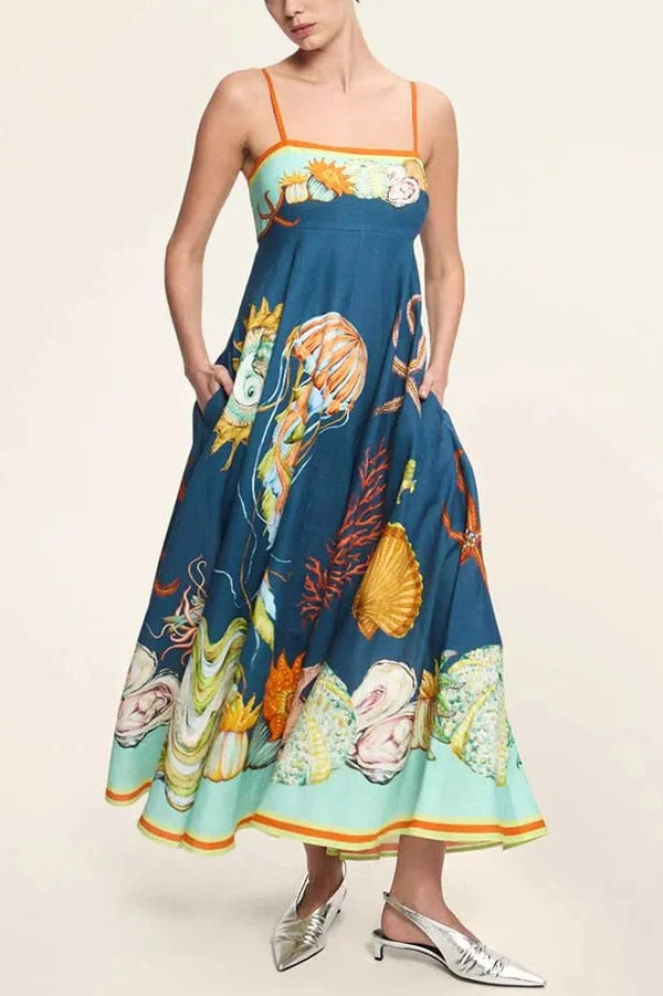 Linen Blend Unique Print Suspenders Back Pleated Pocket Resort Style Maxi Dress - Fashionpara