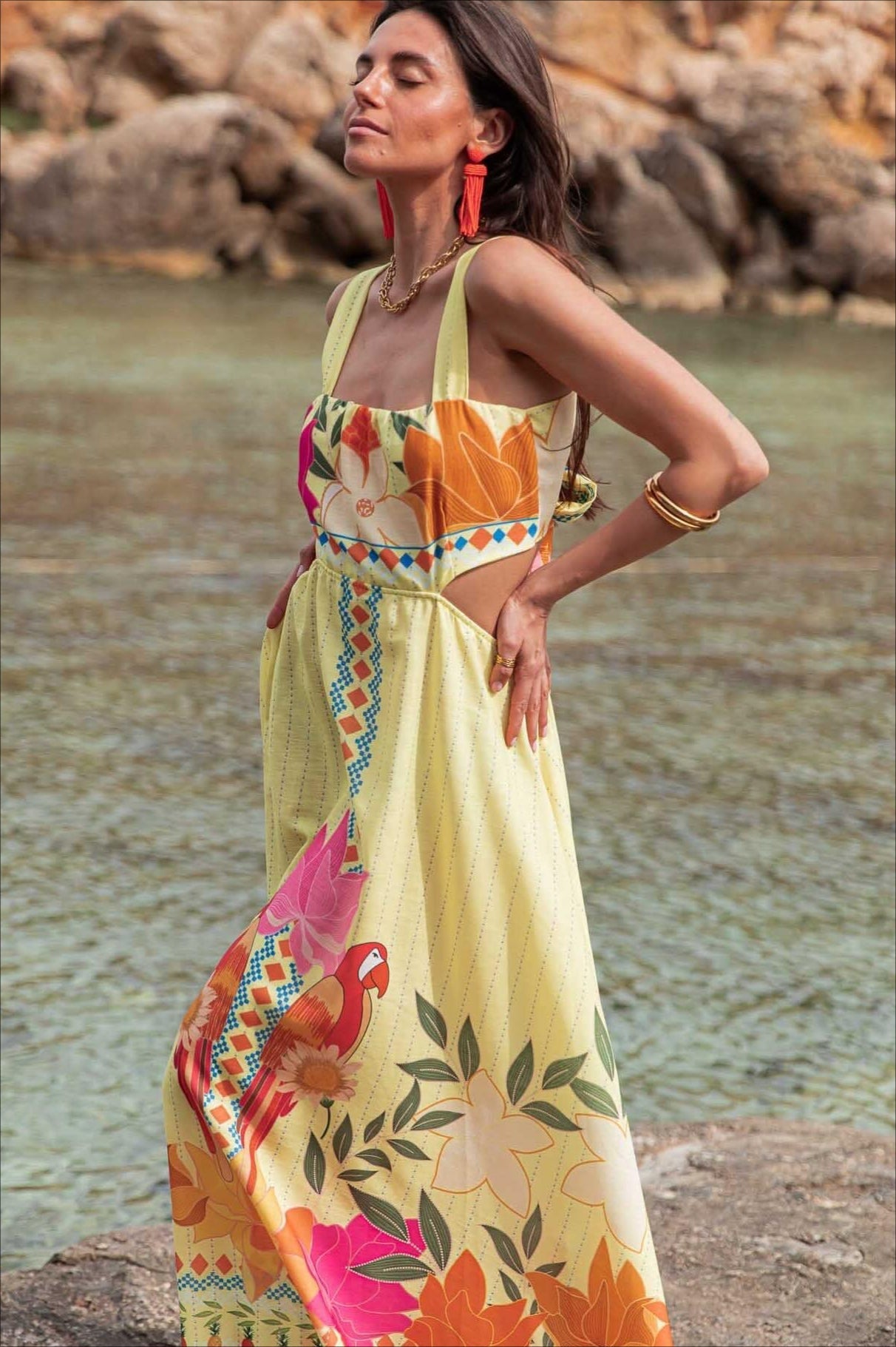 Elegant Floral Print Cutout Tie Maxi Dress