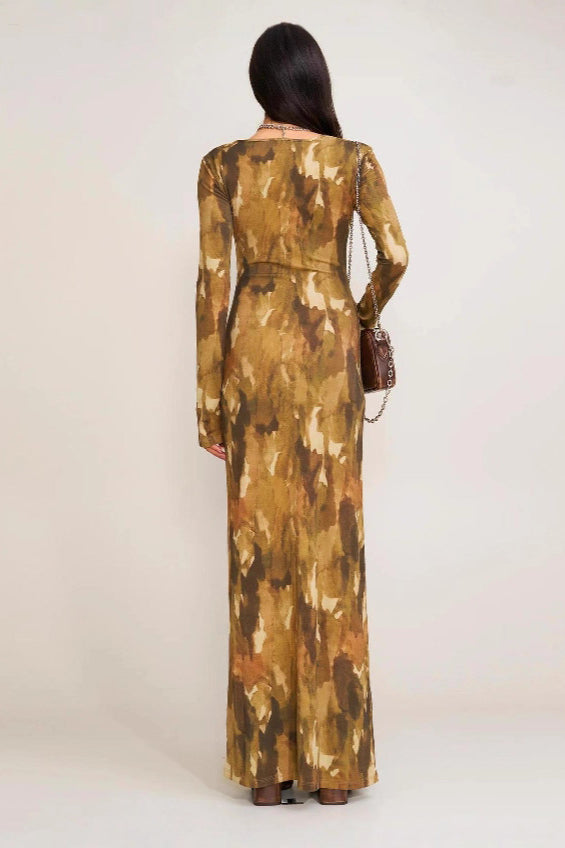 Abstract Print Square Neck Long Sleeve Maxi Dress 3