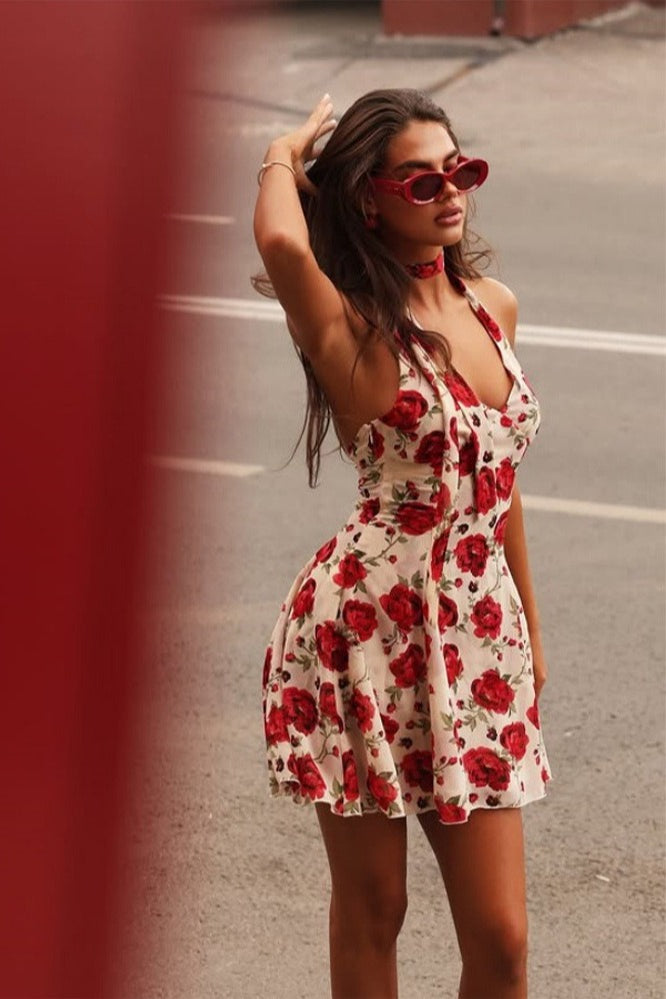 Rose Floral Halter Neck Fit and Flare Mini Dress