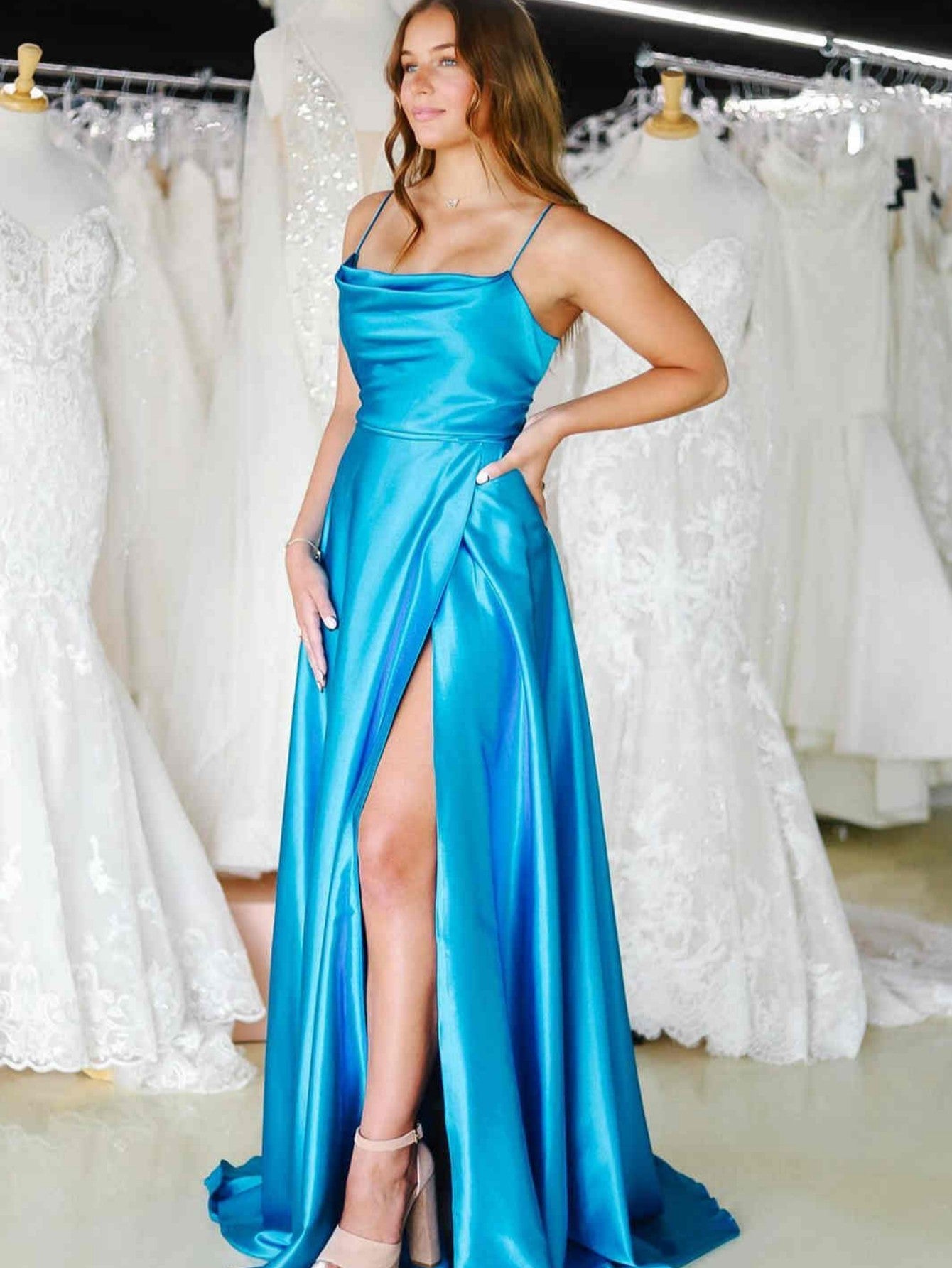 Orange Satin A Line Tight Long Prom Dress With Slit - Fashionpara