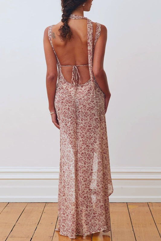 Floral Print Backless Cowl-Neck Slip Maxi Dress 4