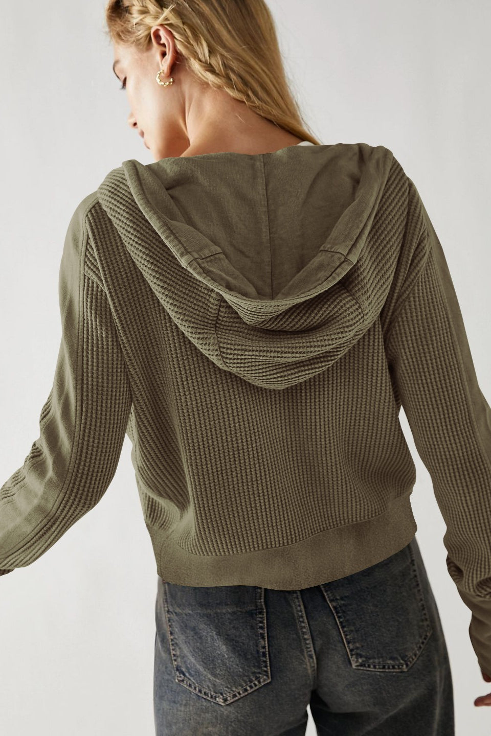 Waffle Texture Zip Front Cropped Hoodie