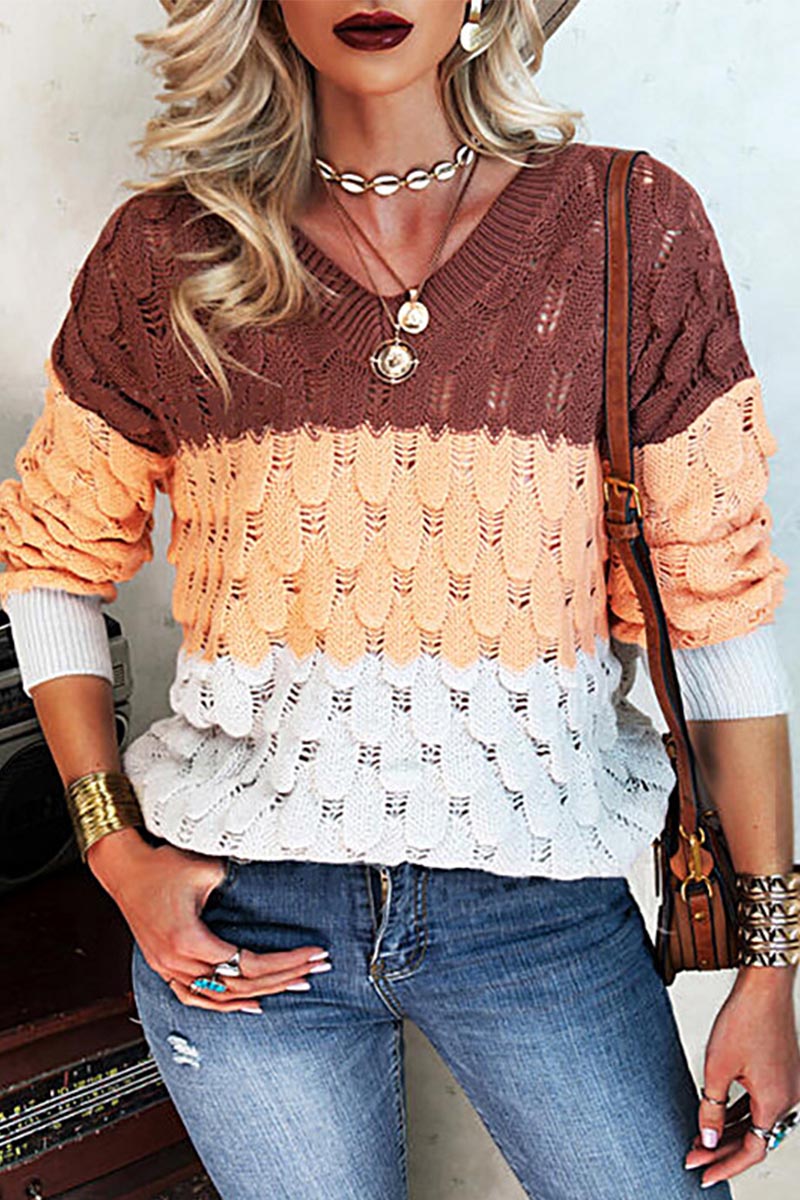 V-Neck Patchwork Casual Sweater  Fashionpara