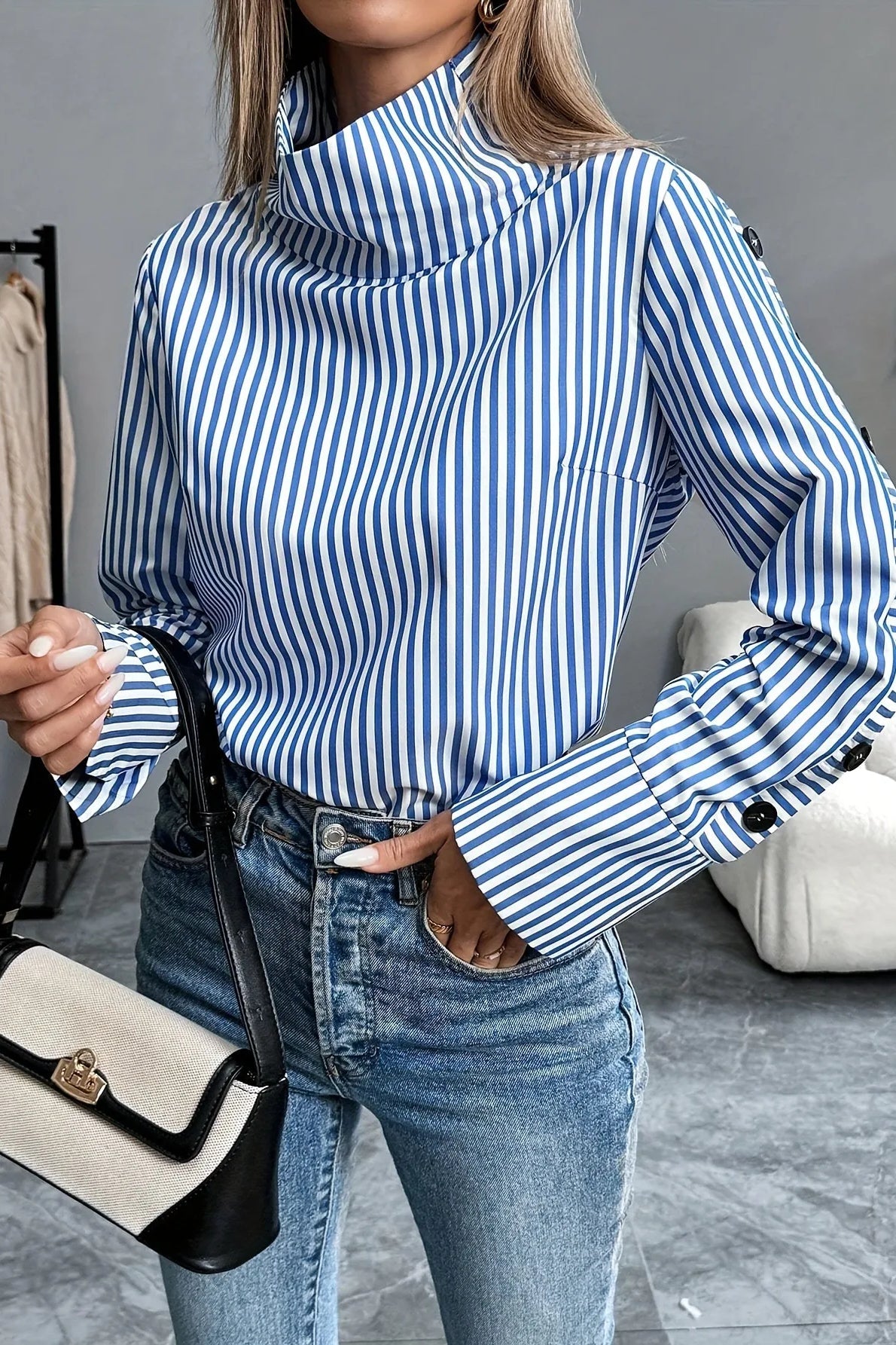 Stripe Spliced Button Pullover Blouse