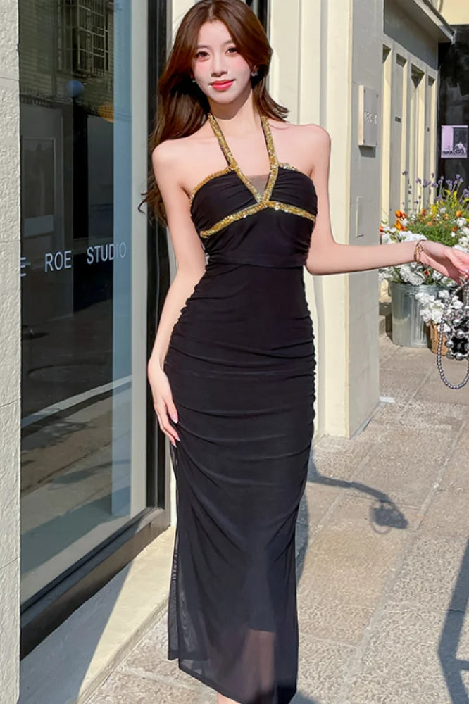 Halter Neck Rhinestone Trim Ruched Bodycon Midi Dress - View 3